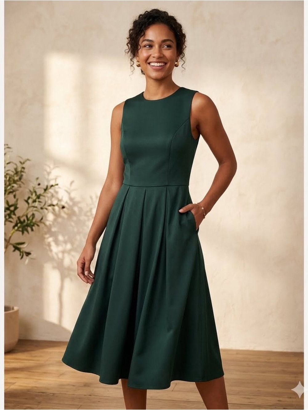 ASOS Dark Green Sleeveless MIDI Dress Fit & Flare Pleated A-Line Open Back US 8